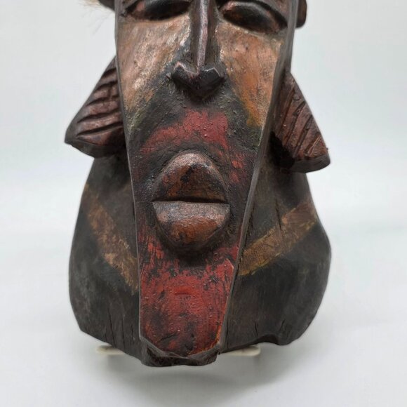 African Tribal Handcarved Wooden Mask With Bird Sculpture Decoration - Picture 5 of 10
